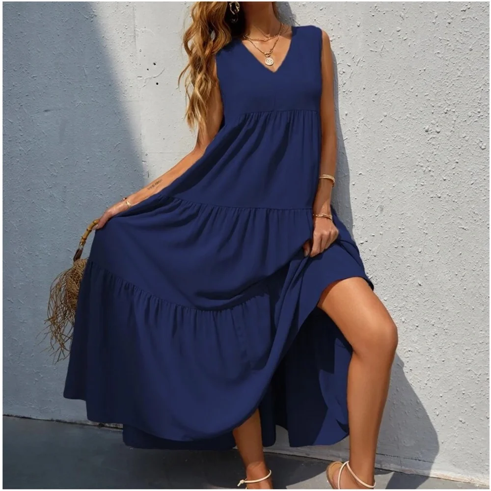 Boho Royal Blue Sleeveless Ruffle maxi Dress - Picture 10 of 14